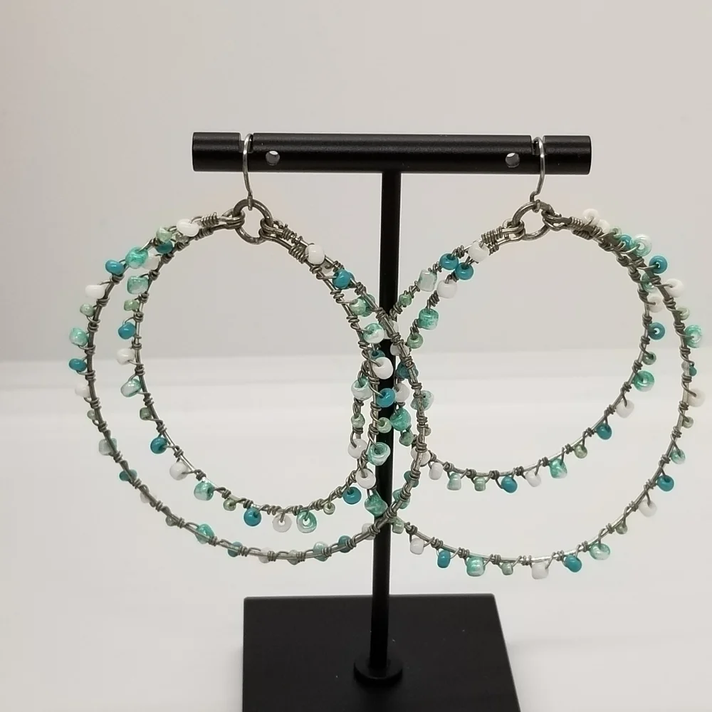 Double hoop wrapped beaded dangle earrings